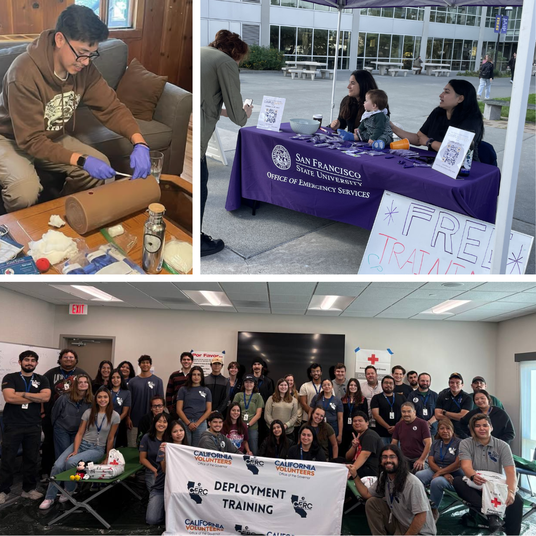 A 3-photo collage of one CERC member using a dummy limb to demonstrate a Stop the Bleed technique, 2 CERC members and a baby at a tabling event in front of a library talking to 2 students, and a group picture of about 60 CERC members holding up a banner that says "Deployment Training." 