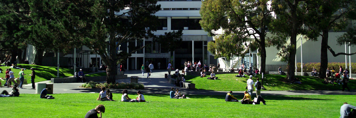 Picture of students sitting down and walking around the quad at San Francisco State University